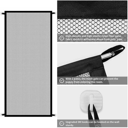 Wefulfil magic pet safety gate retractable black nylon mesh with poles and 3M wall hooks for doors