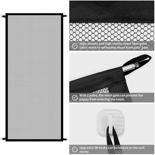 Wefulfil magic pet safety gate retractable black nylon mesh with poles and 3M wall hooks for doors