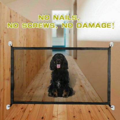 Wefulfil magic pet safety gate mesh barrier across hallway with black spaniel seated behind showing no nails no screws