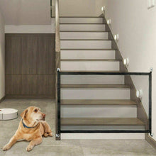 Wefulfil magic pet safety gate mesh stair barrier with black trim installed at staircase to keep dog safe