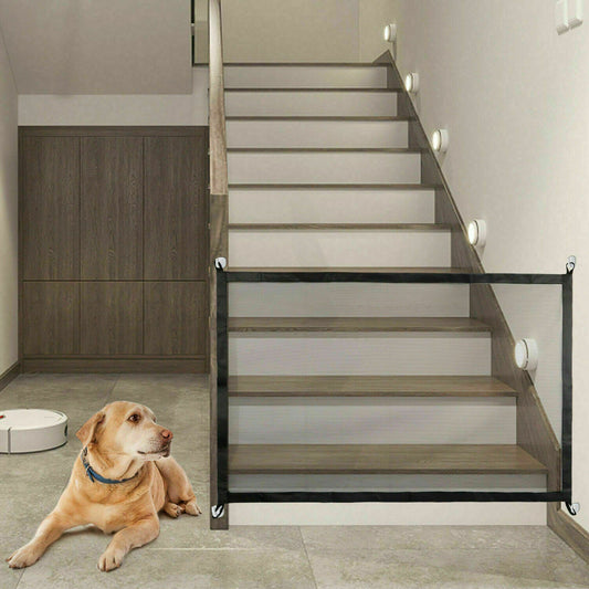 Wefulfil magic pet safety gate mesh stair barrier with black trim installed at staircase to keep dog safe