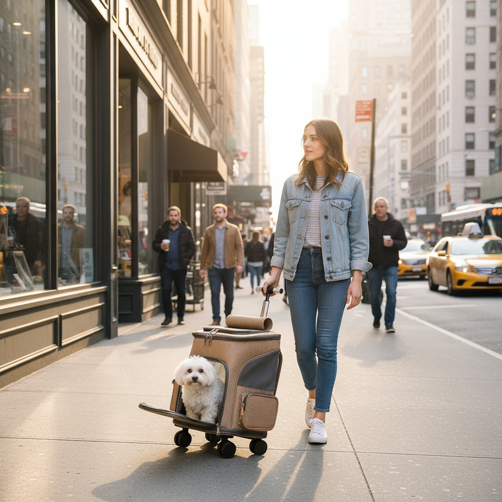 Khaki pet trolley backpack with white dog on city sidewalk