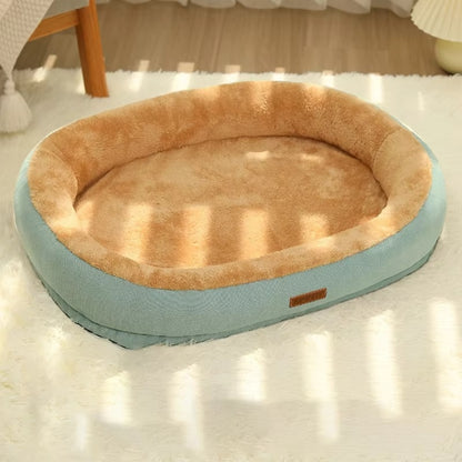 Purrfect Pet Haven Plush Oval Pet Bed in teal and tan with raised bolsters and soft faux fur for cats and small dogs