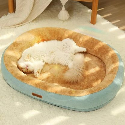 Purrfect Pet Haven Plush Oval Pet Bed light blue exterior tan plush interior with sleeping white cat