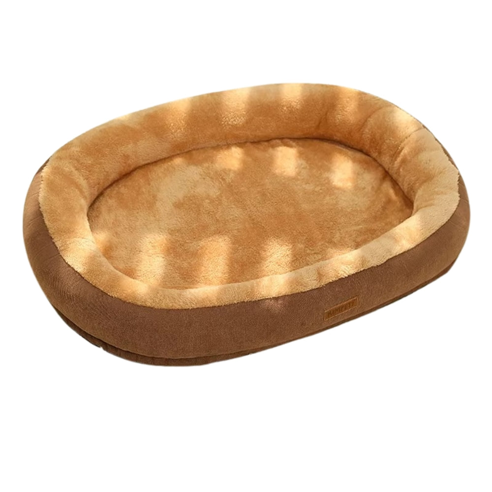 Purrfect Pet Haven Plush Oval Pet Bed in tan brown with raised bolster and soft faux fur for cats and small dogs