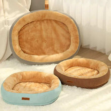 Purrfect Pet Haven Plush Oval Pet Bed trio in tan with gray and mint and brown outer rings on a cozy rug