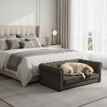 Labrador Retriever napping on elevated dog bed in bedroom