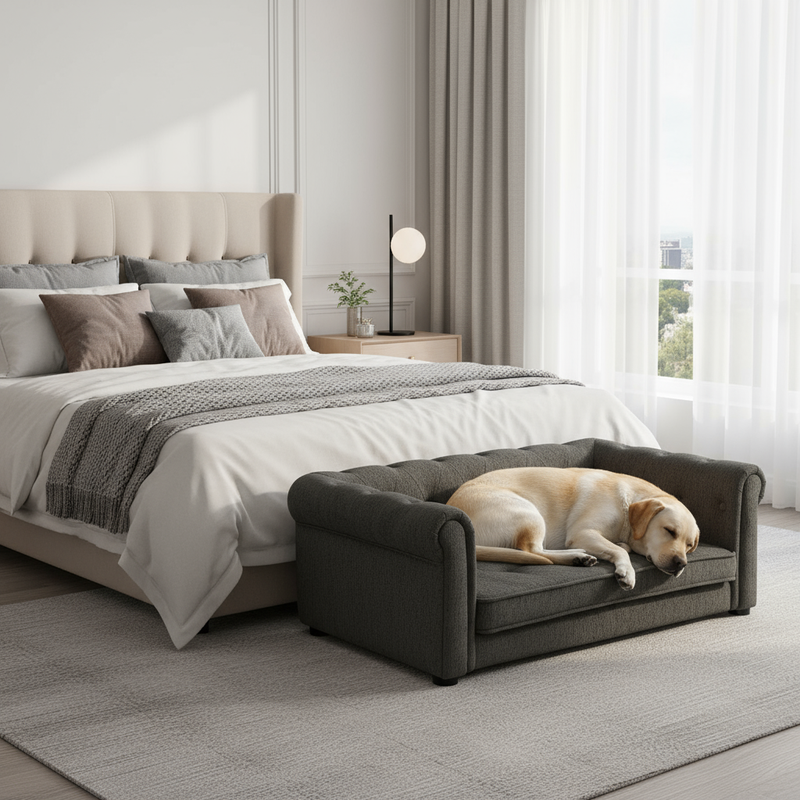 Labrador Retriever napping on elevated dog bed in bedroom