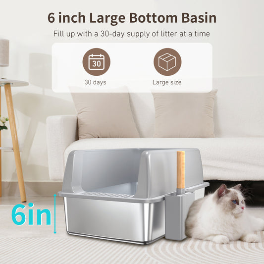 Wefulfil Large 6 Inch Bottom Basin cat litter box with 30-day supply capacity and wooden scoop holder