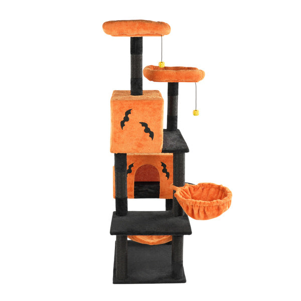Wefulfil Large Halloween Cat Tree with orange and black plush platforms and bat decorations