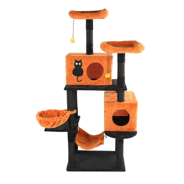 Wefulfil Large Halloween Cat Tree in orange and black with multiple platforms, cozy beds, and hanging toys