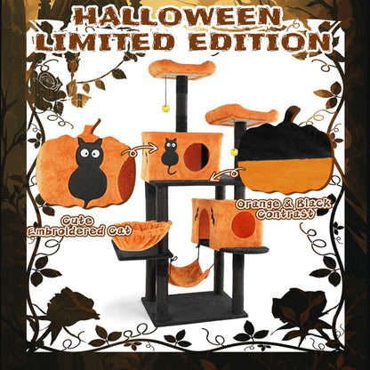 Wefulfil Large Halloween Cat Tree in orange and black with embroidered cat design and multiple platforms