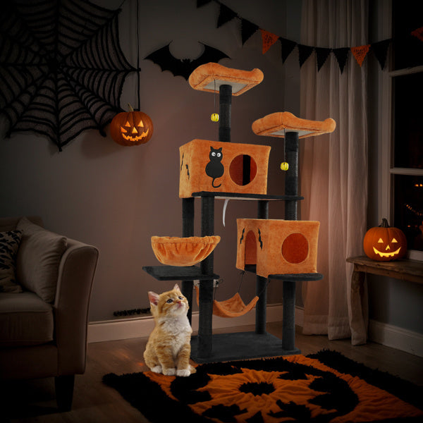 Wefulfil Large Halloween Cat Tree in orange and black with spooky decor and a cat sitting nearby