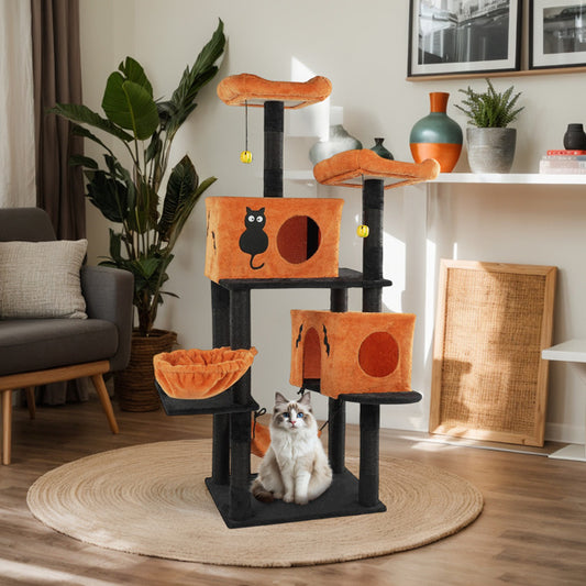 Wefulfil Large Halloween Cat Tree in orange and black with multiple platforms and cat playing inside