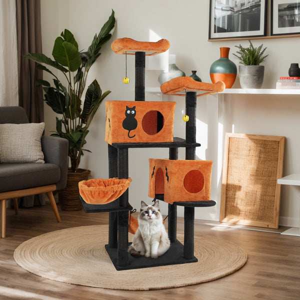 Wefulfil Large Halloween Cat Tree in orange and black with multiple platforms and cat playing inside