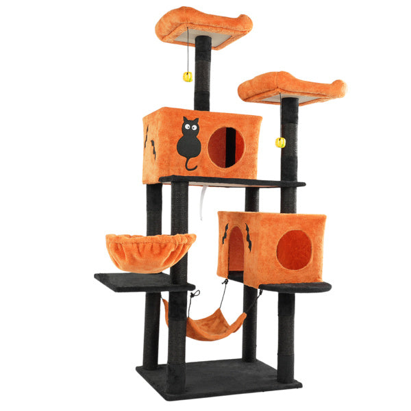 Wefulfil Large Halloween Cat Tree with orange plush fabric and black cat design for pet entertainment