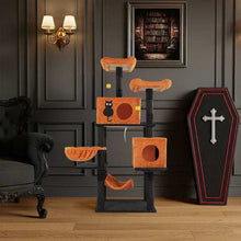 Wefulfil Large Halloween Cat Tree with orange plush platforms and black cat design for pet play and rest