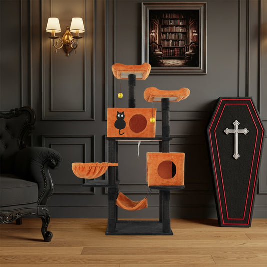 Wefulfil Large Halloween Cat Tree with orange plush platforms and black cat design for pet play and rest
