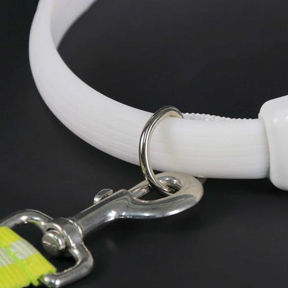 Close-up of a white LED Lighted Dog Collar with a metal clip for nighttime visibility