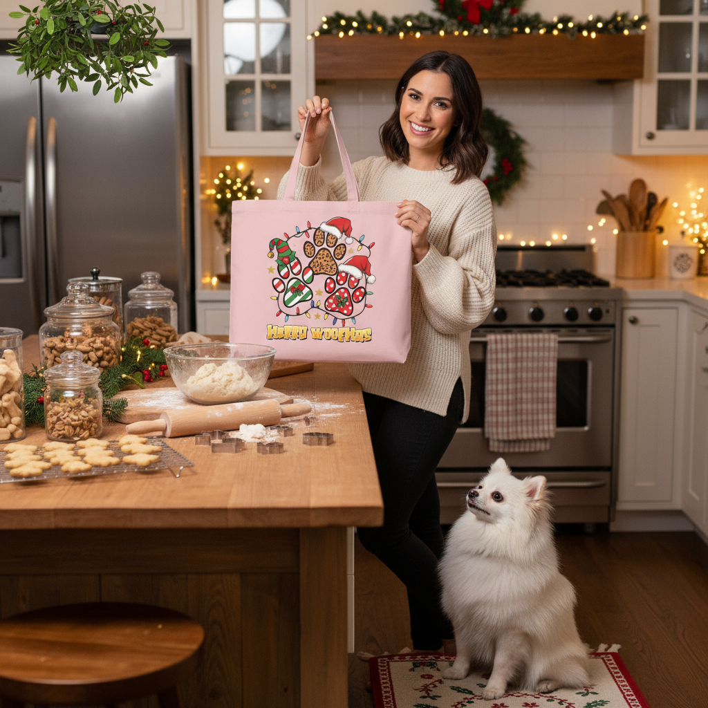 Light Pink Woofmas Tote Christmas Lifestyle