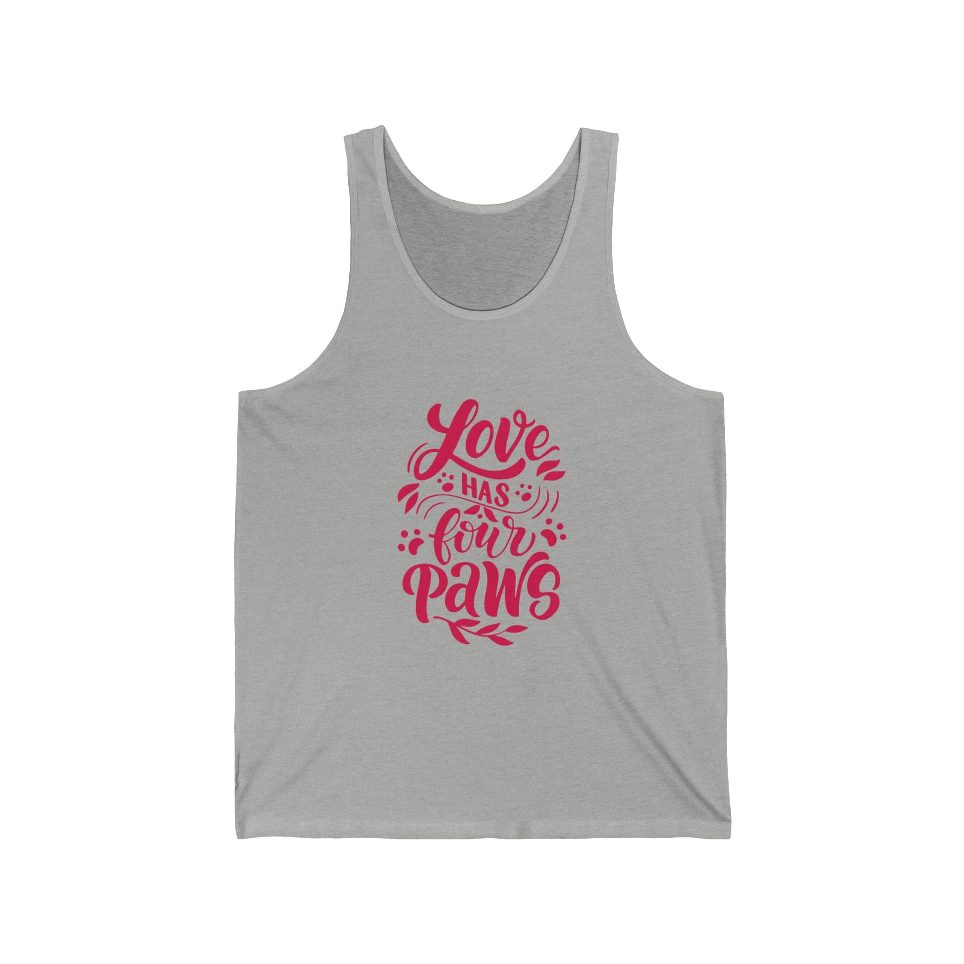 Gray Printify tank top with red Love Has Four Paws text and paw print design