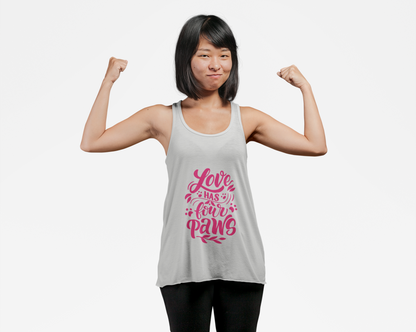 Woman wearing a white tank top with pink Love Has Four Paws text design by Printify