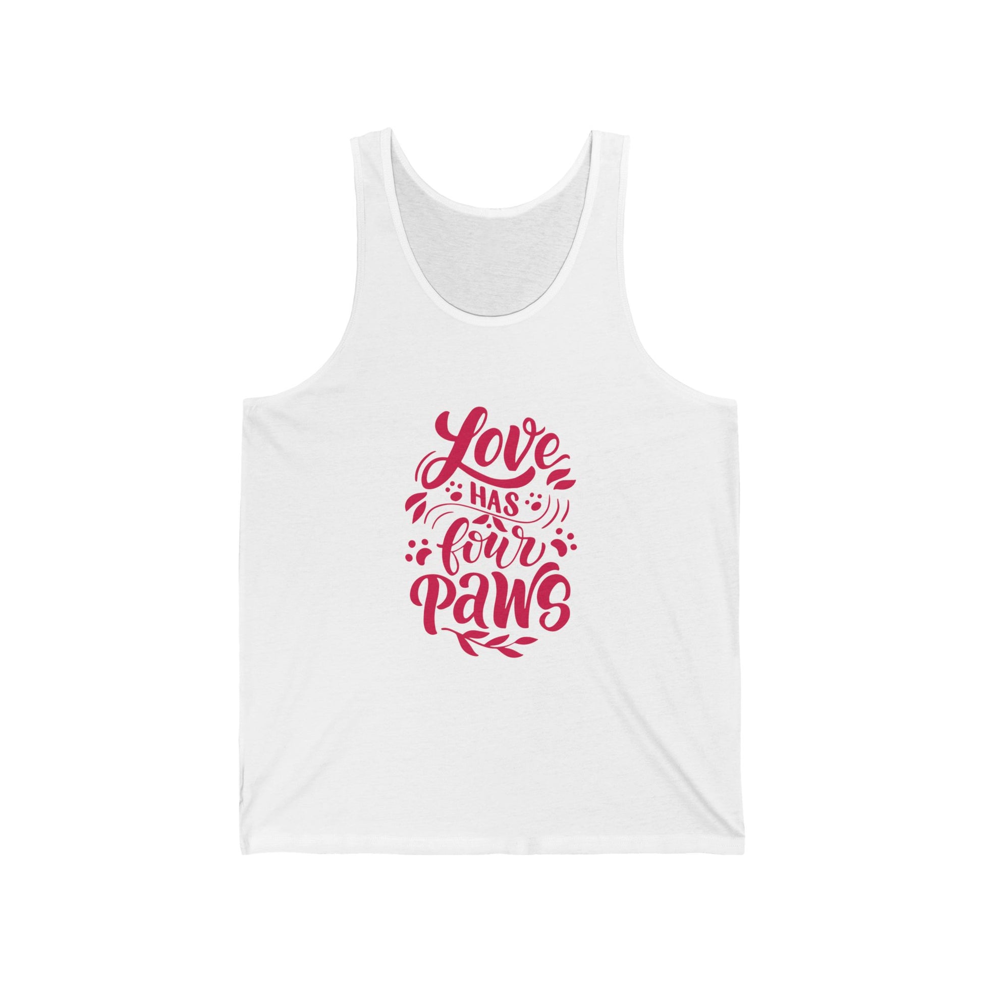 White Printify tank top with red Love Has Four Paws text and paw print design