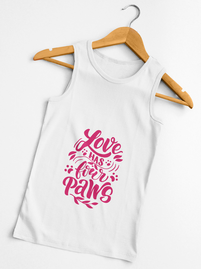 White tank top from Printify with pink Love Has Four Paws graphic design on front