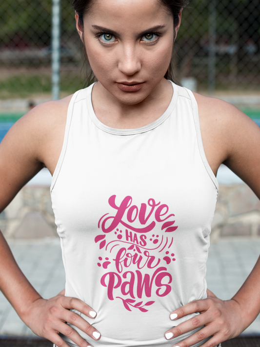 White Printify tank top with pink Love Has Four Paws graphic worn by woman outdoors