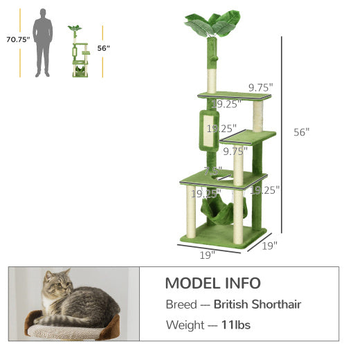 Wefulfil green multi level Cat Tree with Hammock and sisal scratching posts 56 inch tower