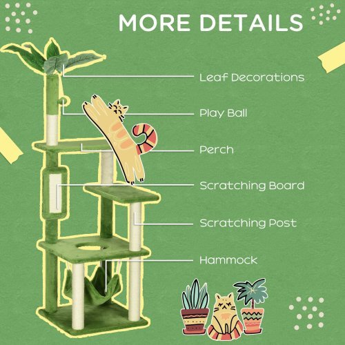 Wefulfil Cat Tree with Hammock in green multi level design with perch scratching posts and play ball