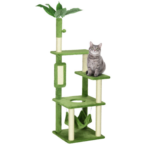 Wefulfil green Cat Tree with Hammock featuring multiple platforms scratching posts palm top and gray cat