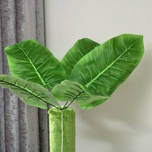 Wefulfil Cat Tree with Hammock top view showing green faux banana leaves and plush sisal wrapped post