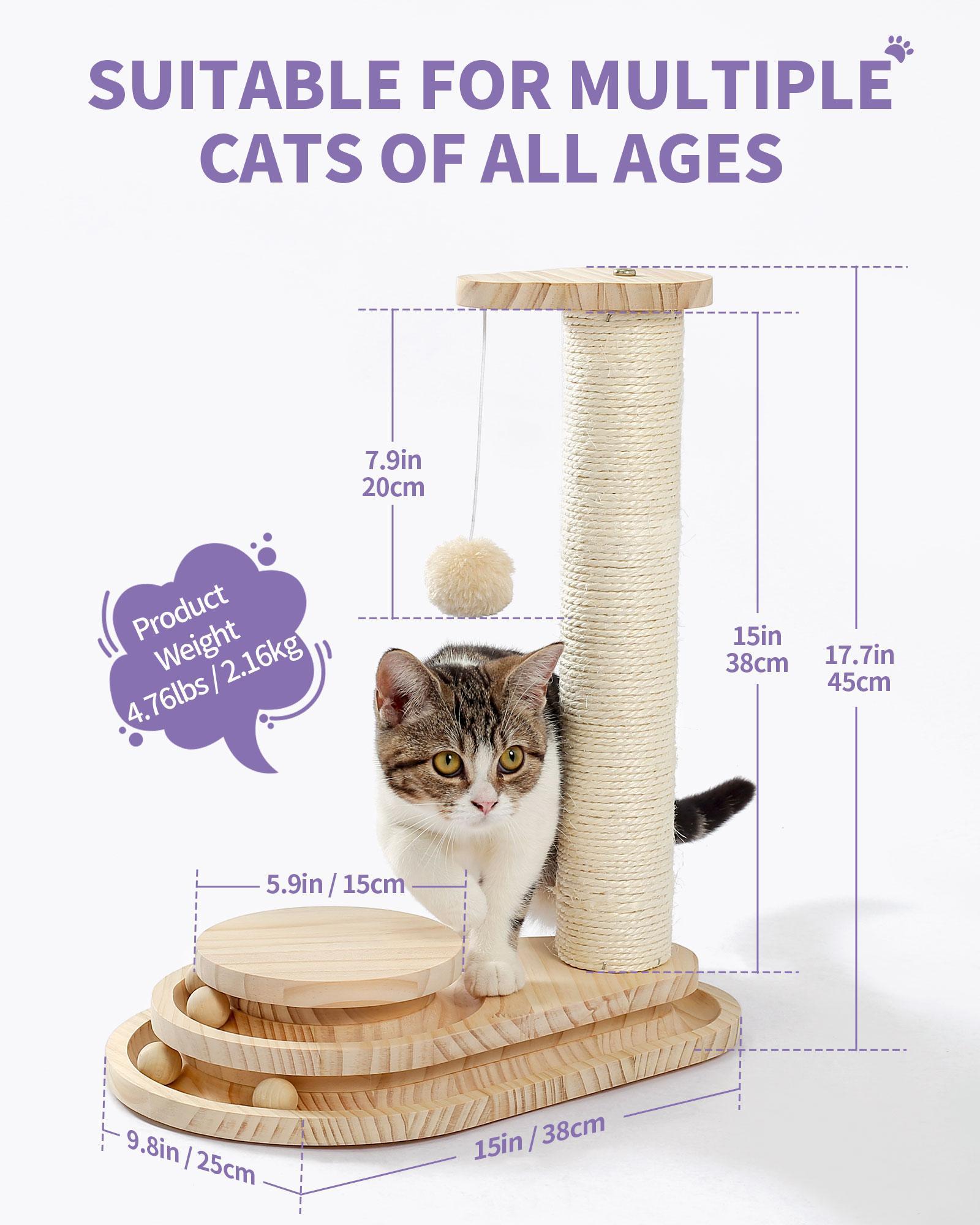 Wefulfil indoor cat scratching board with sisal post wooden base dangling pom pom toy for multiple cats