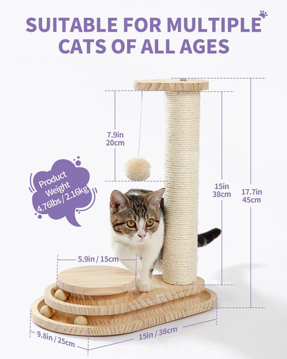 Wefulfil indoor cat scratching board with sisal post wooden base dangling pom pom toy for multiple cats