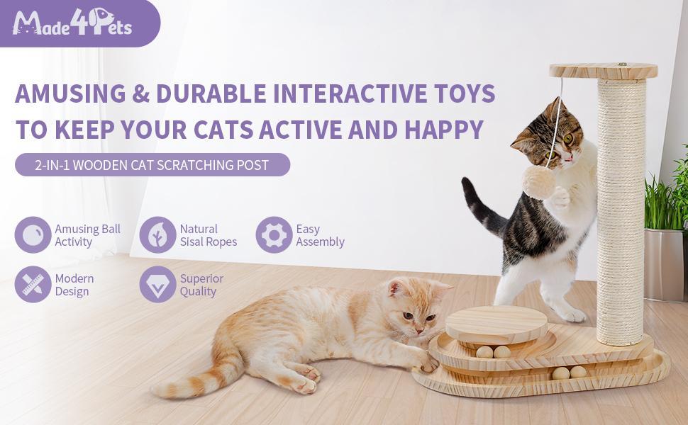 Wefulfil indoor cat scratching board and wooden post with dangling ball toy and two playful cats