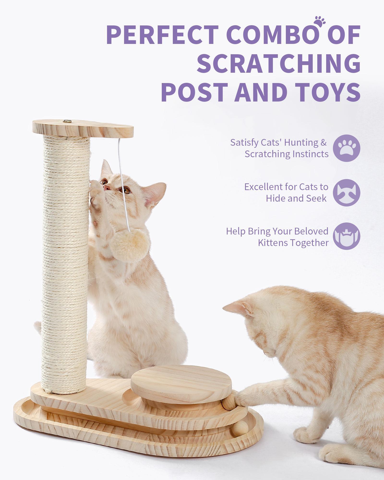 Wefulfil indoor cat scratching board wooden combo with sisal rope post dangling pom pom toy and platforms