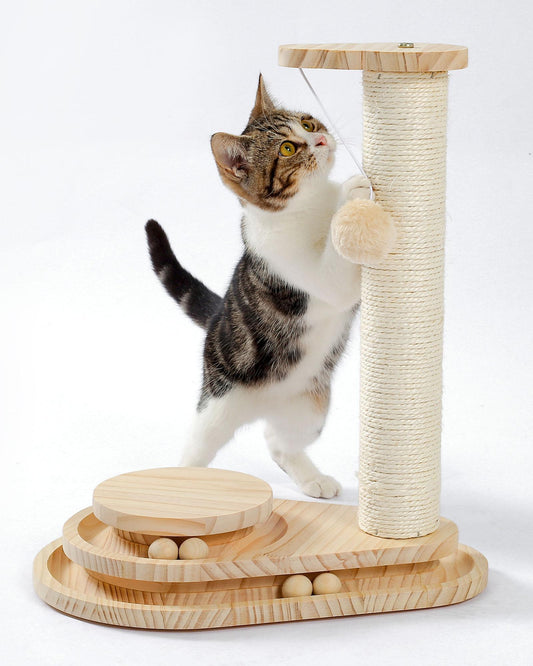 Wefulfil indoor cat scratching board with sisal post wooden base rolling balls and hanging plush toy
