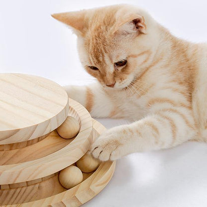 Wefulfil indoor cat scratching board and interactive wooden ball toy with stacked circular tracks and playful orange kitten