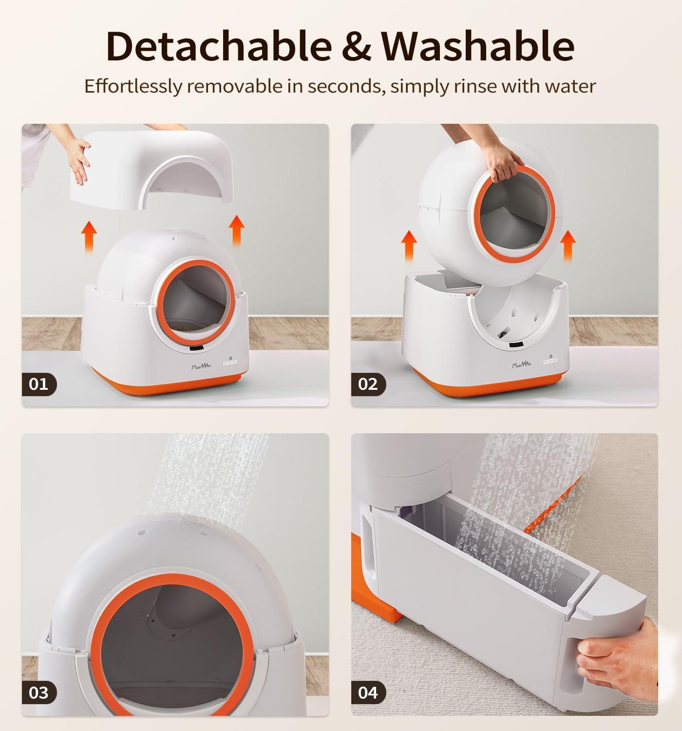 Wefulfil Infrared Sensor Cat Litter Box white orange detachable washable dome with removable tray being rinsed