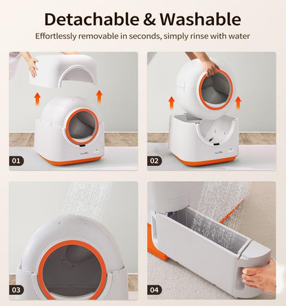 Wefulfil Infrared Sensor Cat Litter Box white orange detachable washable dome with removable tray being rinsed