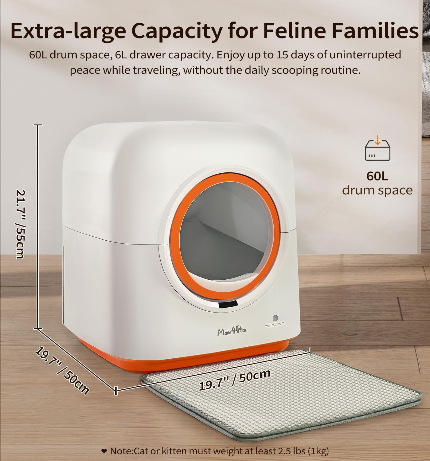 Wefulfil Infrared Sensor Cat Litter Box extra large enclosed 60L capacity with orange trim and entrance mat