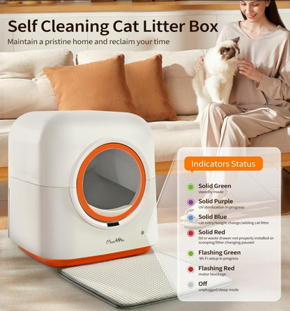 Wefulfil Infrared Sensor Cat Litter Box self cleaning white unit with orange trim and indicator status panel