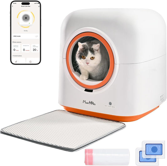Wefulfil Infrared Sensor Cat Litter Box automatic white orange unit with app control mat accessories and cat inside