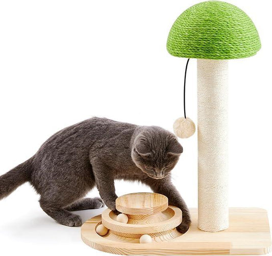 Grey cat playing with Wefulfil Wooden Scratching Post with green mushroom top and sisal post beside wooden ball track toy