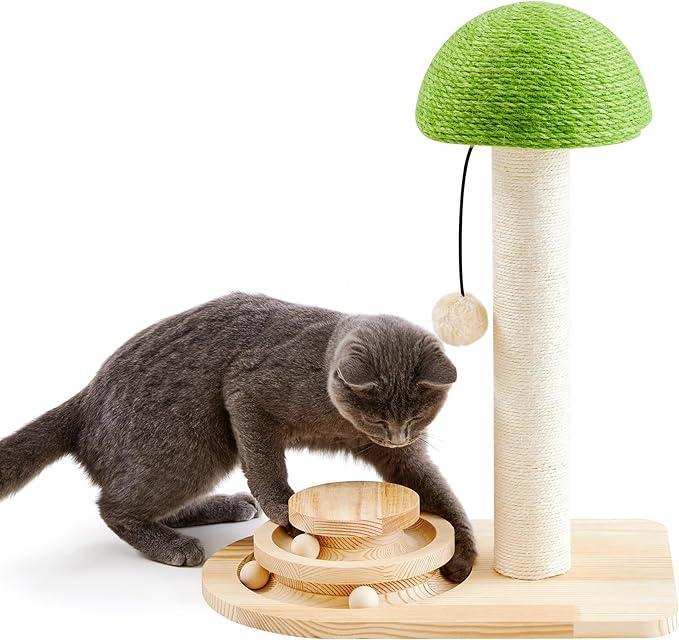 Grey cat playing with Wefulfil Wooden Scratching Post with green mushroom top and sisal post beside wooden ball track toy