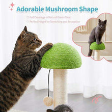 Green mushroom shaped cat scratching post with sisal pole and dangling toy, Wefulfil Wooden Scratching Post