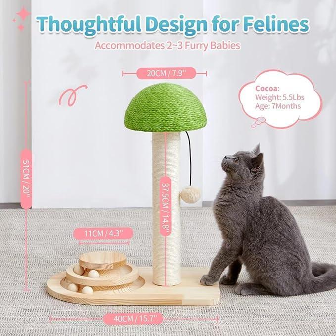 Wefulfil Wooden Scratching Post mushroom cat tree with green top, sisal column and wooden base with ball track and gray cat