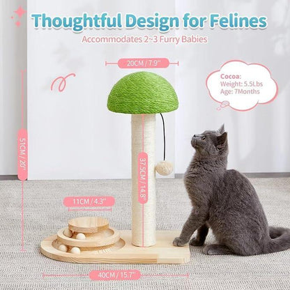 Wefulfil Wooden Scratching Post mushroom cat tree with green top, sisal column and wooden base with ball track and gray cat