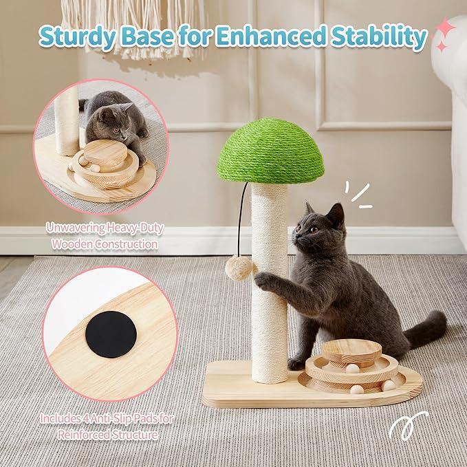 Wefulfil Wooden Scratching Post with sisal column green mushroom top and wooden toy base